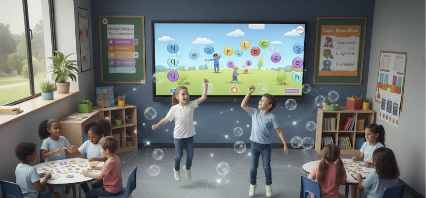 an image that captures the essence of AI, UDL, and Kinems in an inclusive classroom setting with students doing playful learning activities with letters