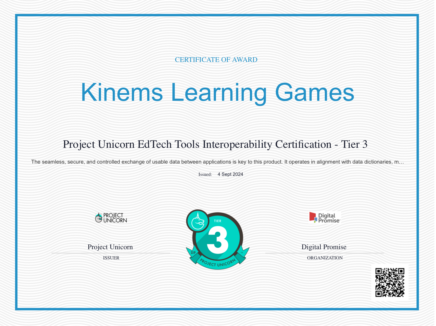 Image showing the Project Unicorn EdTech-Tools-Interoperability Certification Tier-3 badge