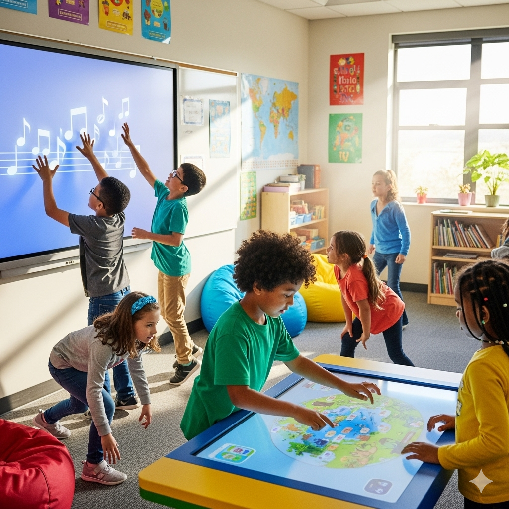 A bright, inclusive classroom scene with children around 7–9 years old engaging in movement-based learning activities. One child interacts with a colorful interactive touch table, while others practice coordination skills with digital game-like visuals projected on a screen. The atmosphere seems  joyful, collaborative, and dynamic, representing multimodal learning (visual, auditory, kinesthetic). Highlight diversity, inclusivity, and the theme of growth through play and movement.