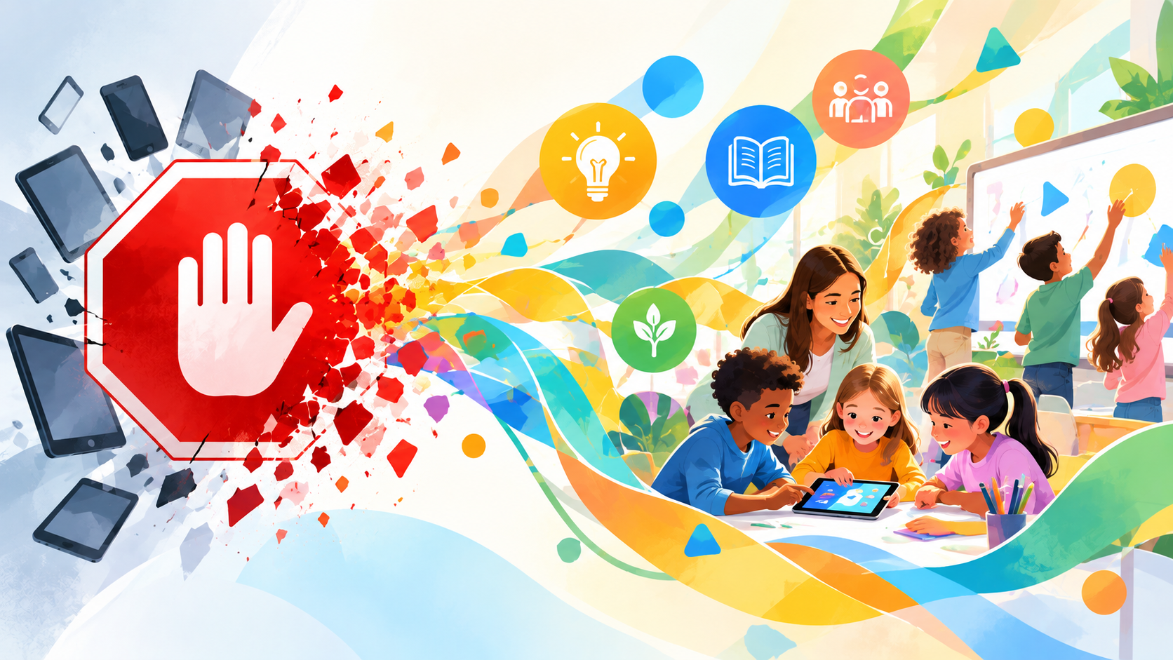 Abstract illustration of a red stop sign breaking apart into colorful learning pathways, leading to children and teachers engaging in active, collaborative, technology-enhanced learning.